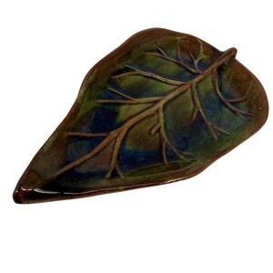 L'Occitane Ceramic Leaf Dish Brown Green Glazed Pottery Trinket Tray Decor